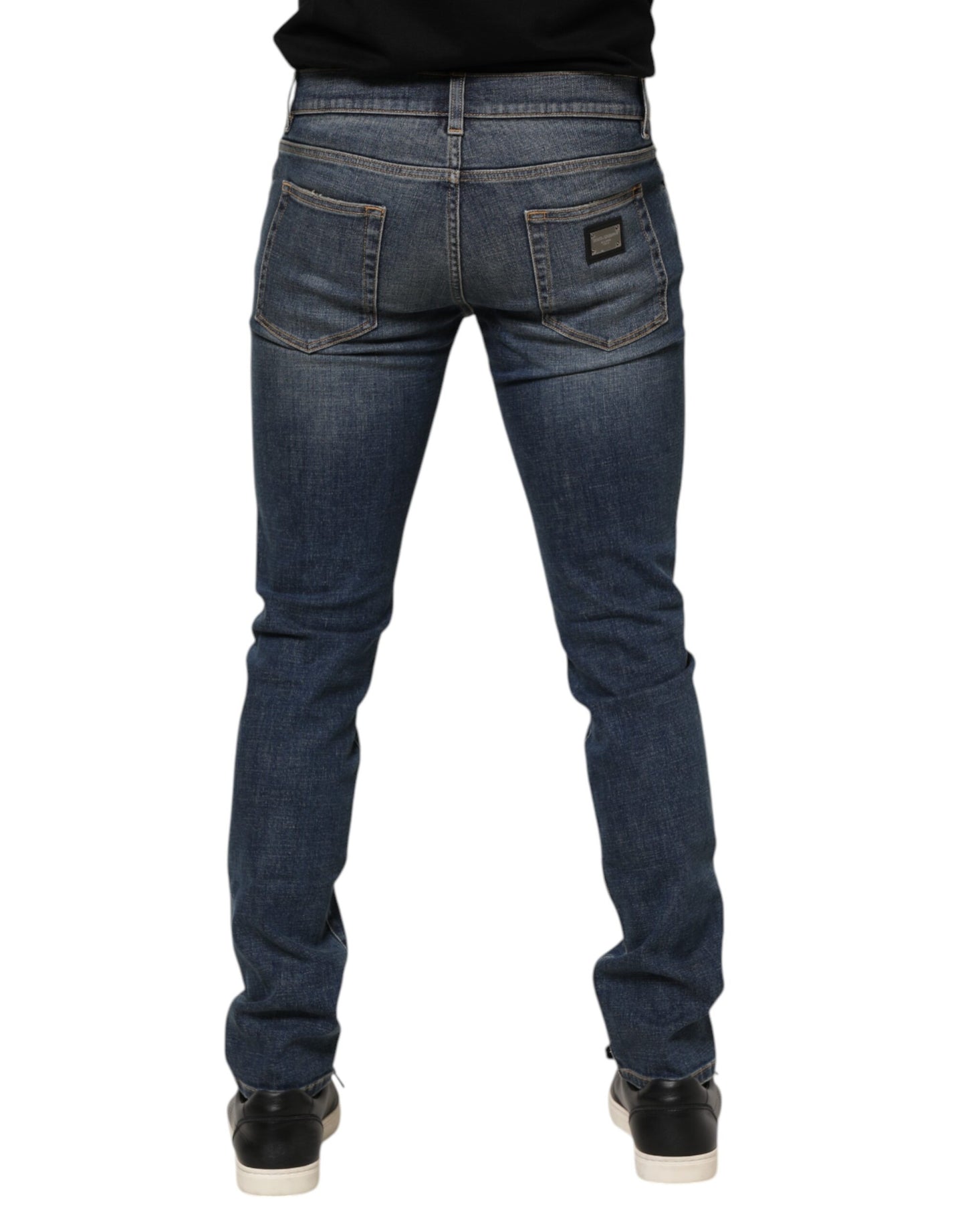 Blue Washed Skinny Logo Plaque Men Denim Jeans