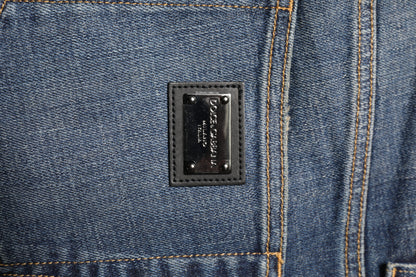 Blue Washed Skinny Logo Plaque Men Denim Jeans