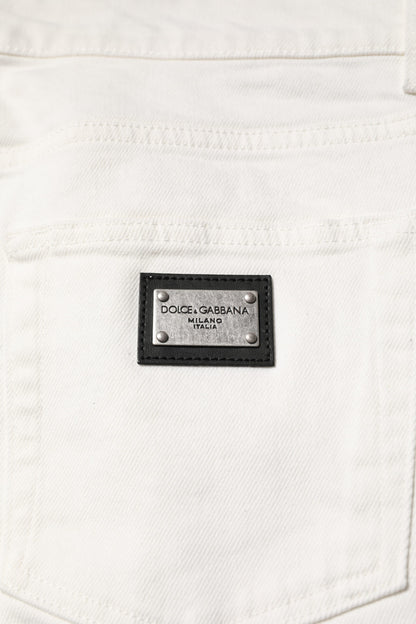 White Cotton Logo Plaque Slim Fit Denim Jeans