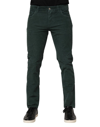 Green Cotton Corduroy Skinny Pants