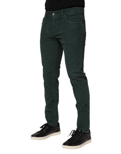 Green Cotton Corduroy Skinny Pants