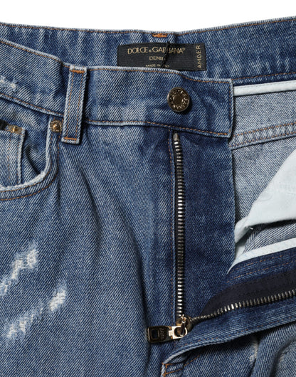 Blue Cotton Tattered High Waist Denim Jeans