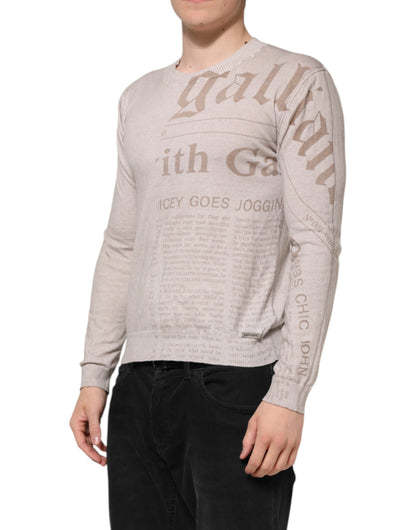 Beige Printed Logo Roundneck Long Sleeves Men Sweater