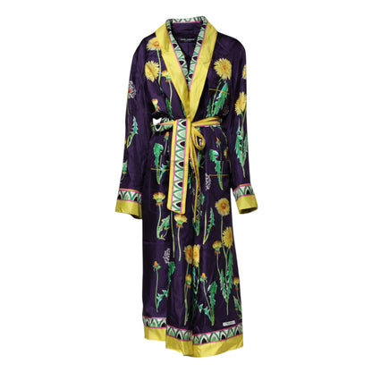 Blue Floral Print Silk Long Sleeves Wrap Robe