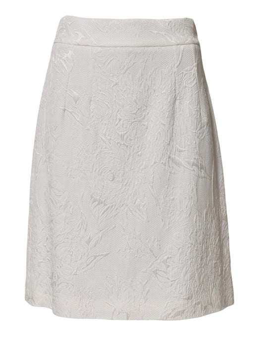 White Floral Brocade A-line High Waist Skirt