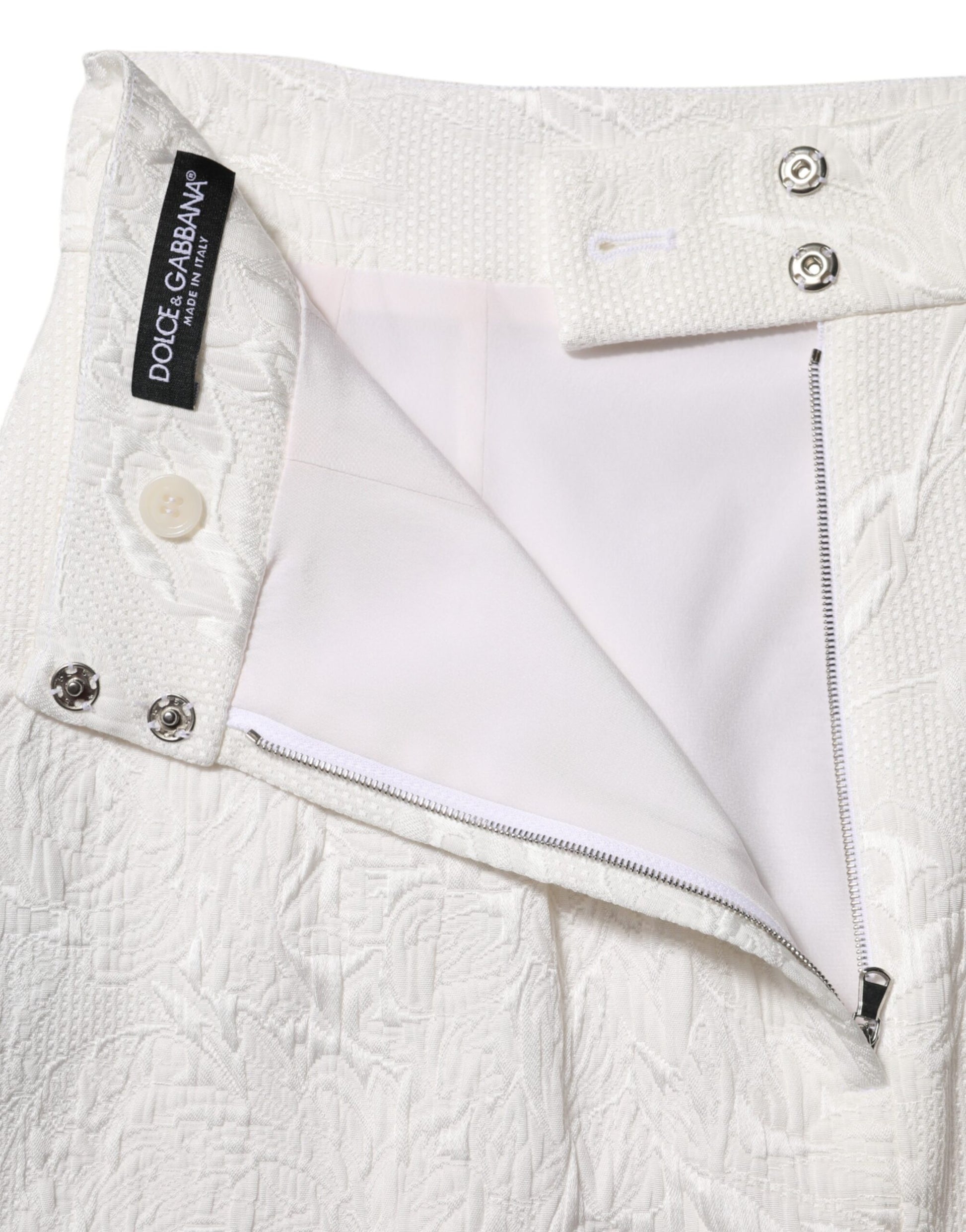 White Floral Brocade A-line High Waist Skirt