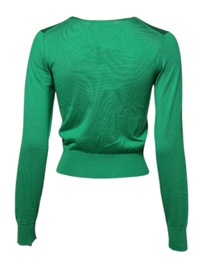Green Floral Detailing Silk Pullover Sweater