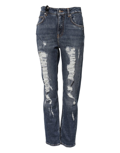 Blue Cotton Boyfriend Tattered Denim Jeans