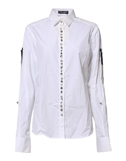White Crystal Embellished Collared Shirt Top