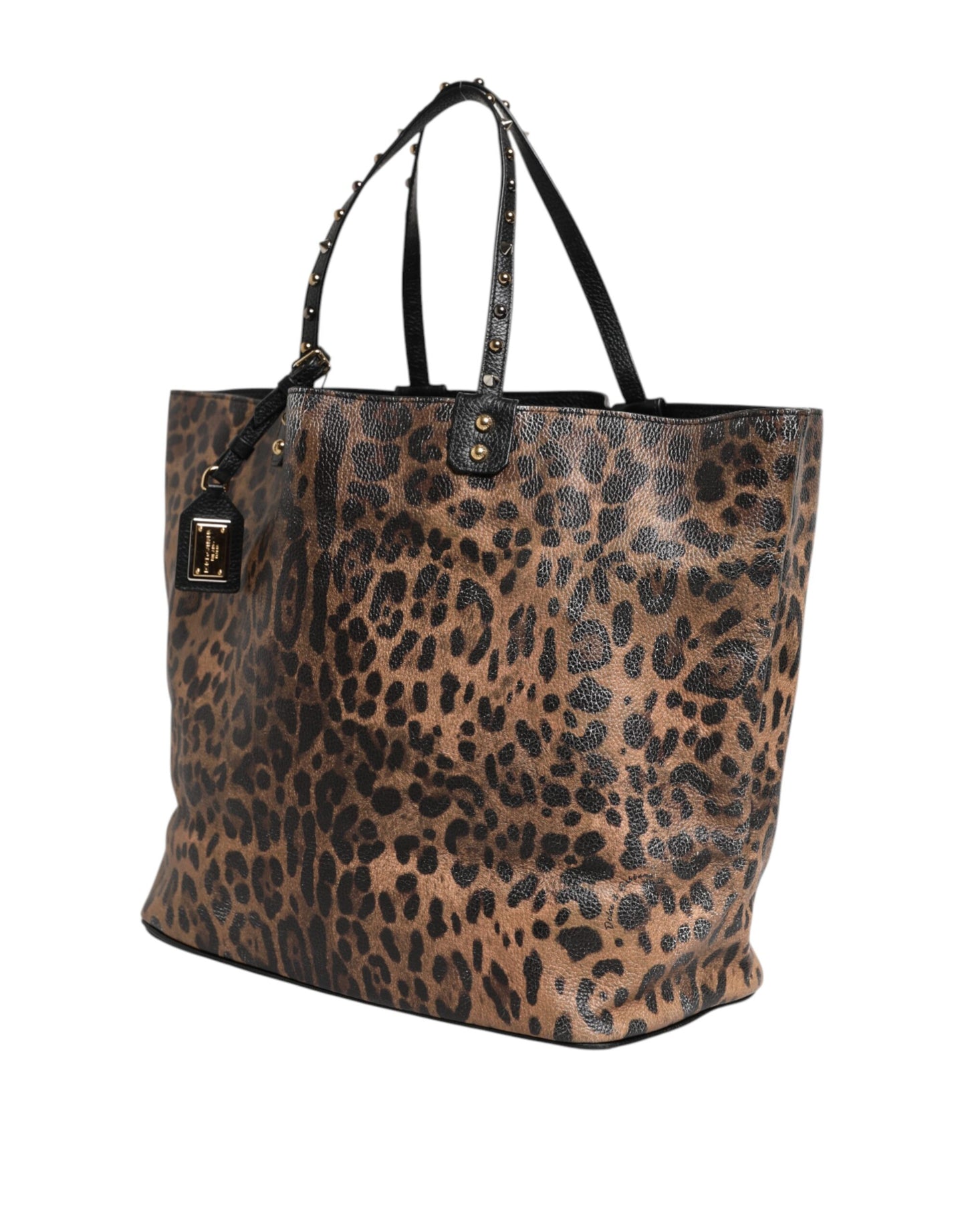 Brown Leopard BEATRICE Leather Logo Plaque Tote Bag