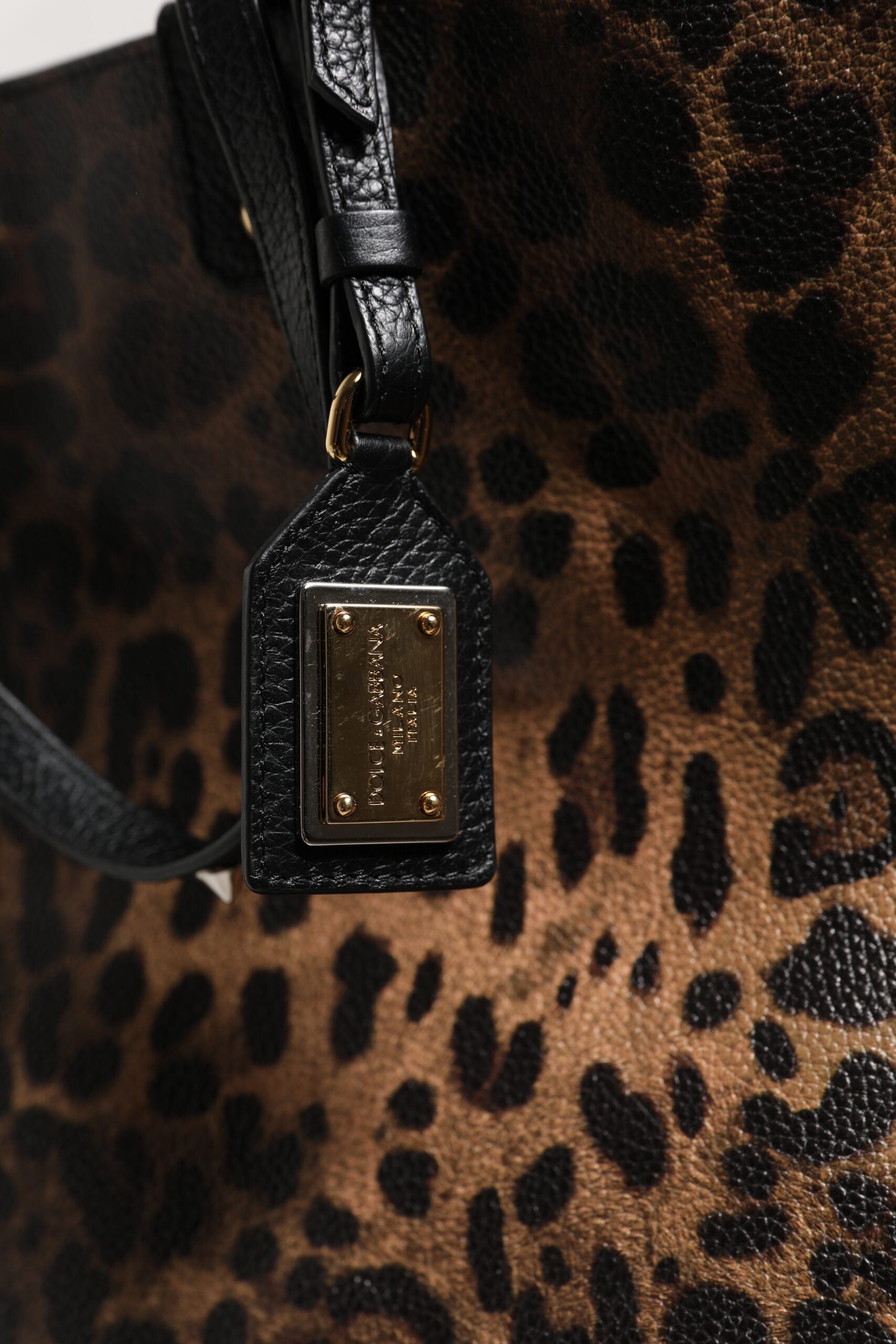 Brown Leopard BEATRICE Leather Logo Plaque Tote Bag