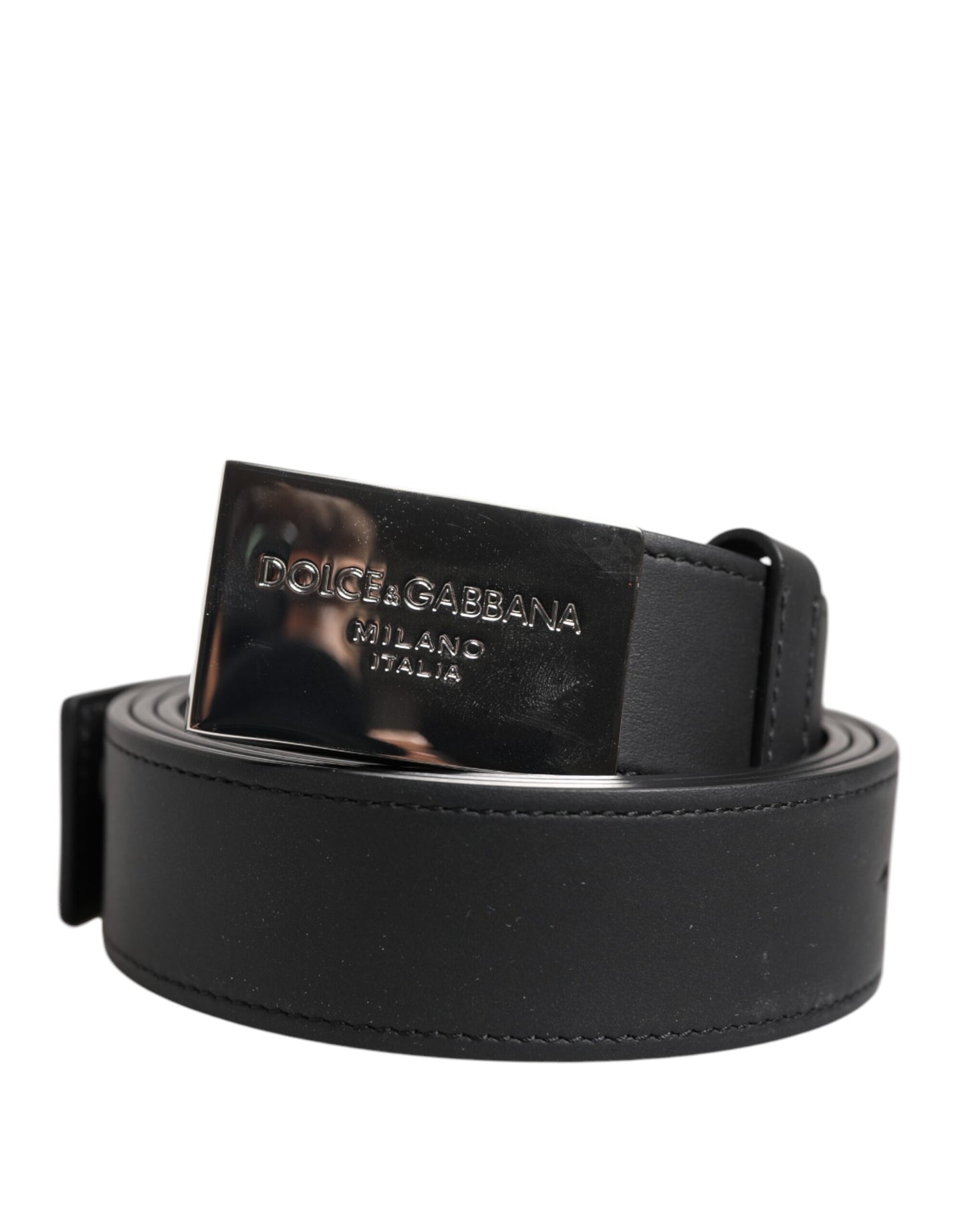 Black Leather Silver Metal Logo Buckle Belt