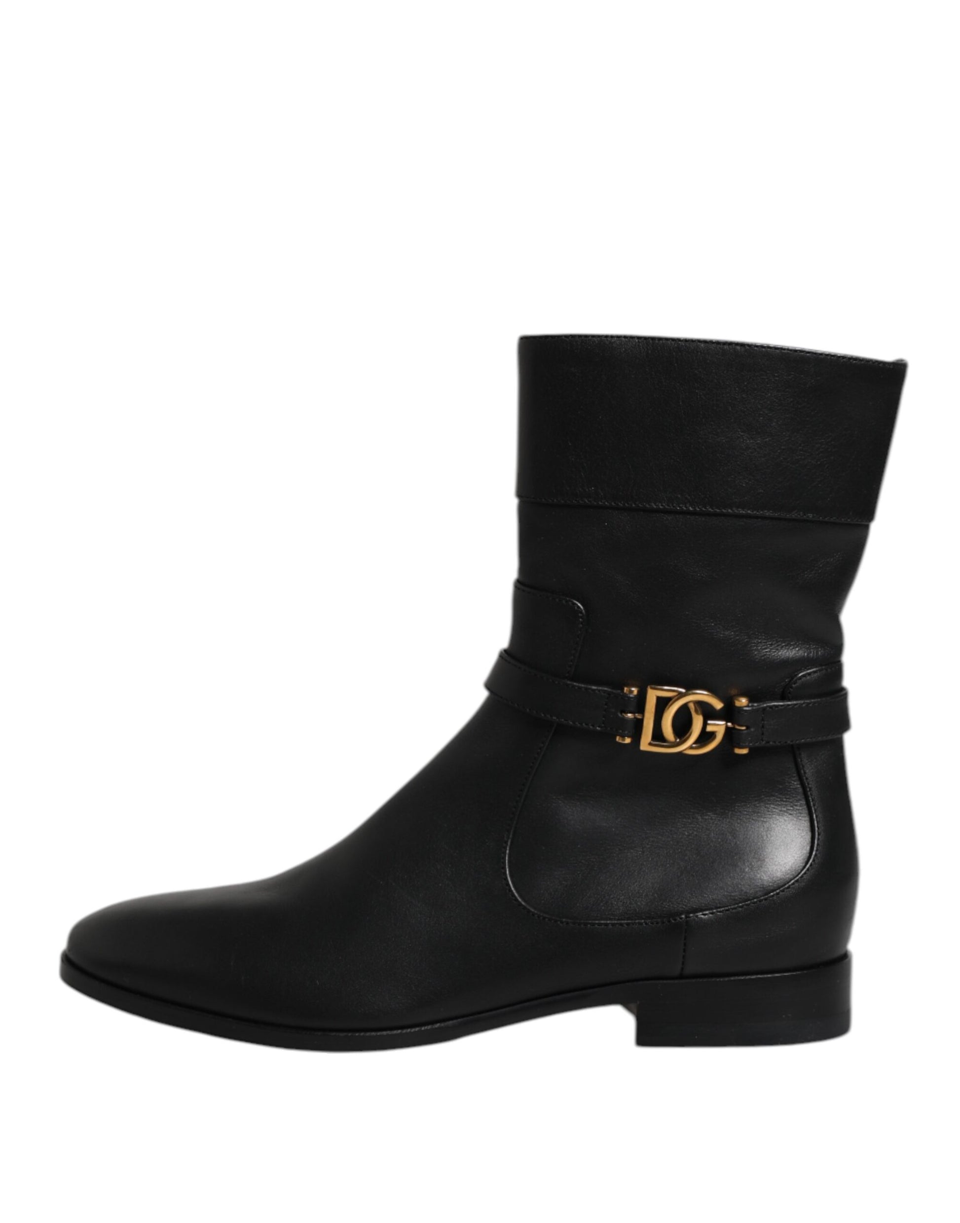 Black Leather Flats Logo Short Boots Shoes