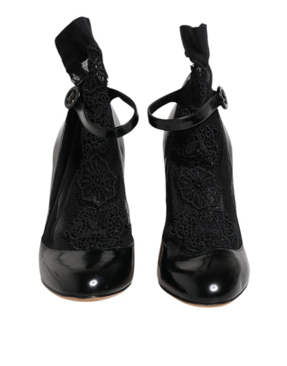 Black Leather Lace Socks Heels Pumps Shoes