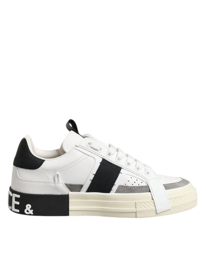 White Black Leather Low Top Sneakers Shoes