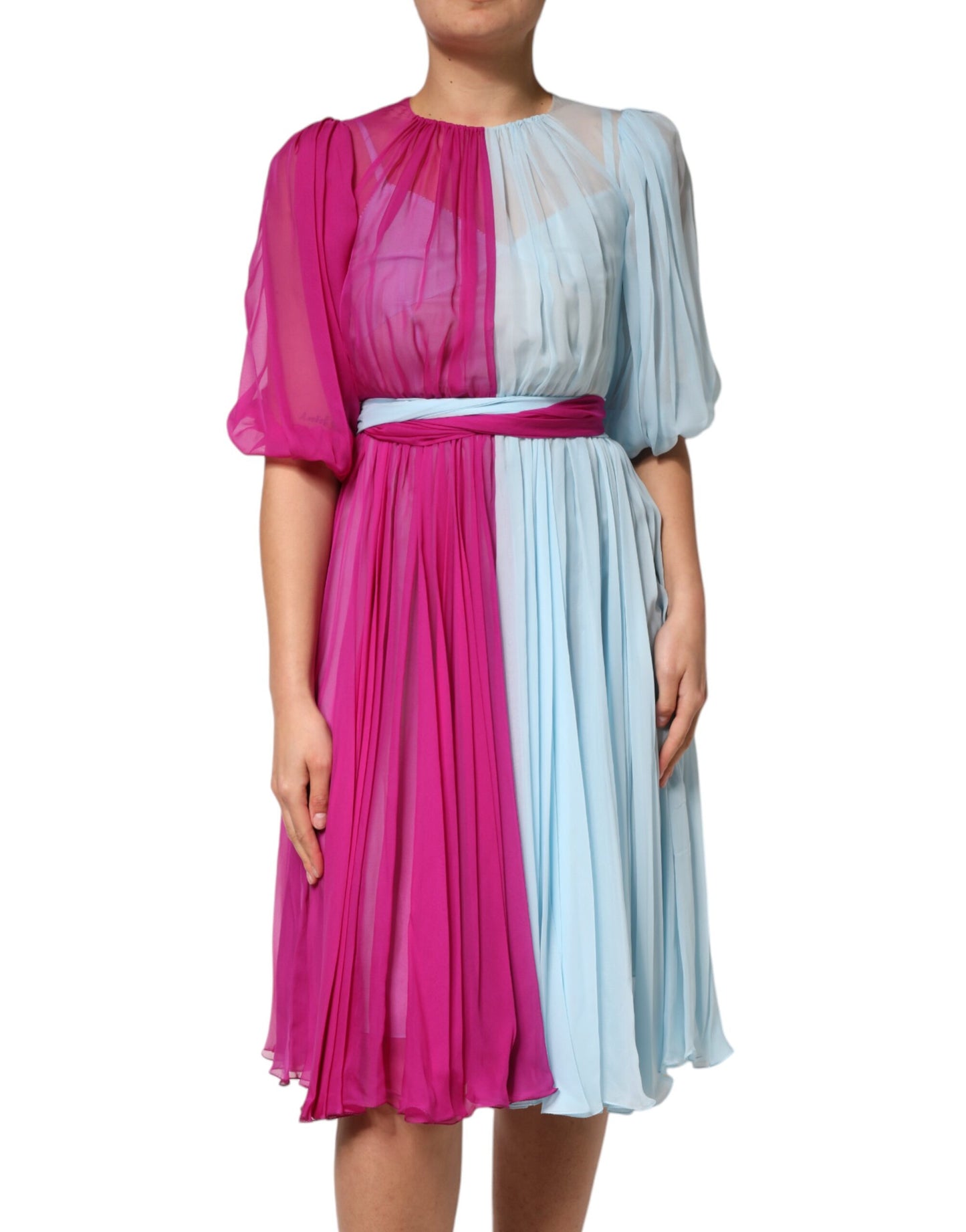 Fuchsia Light Blue Silk Two Tone Midi Dress
