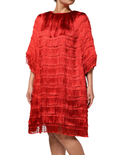 Red Silk Tiers Fringe Shift Knee Length Dress