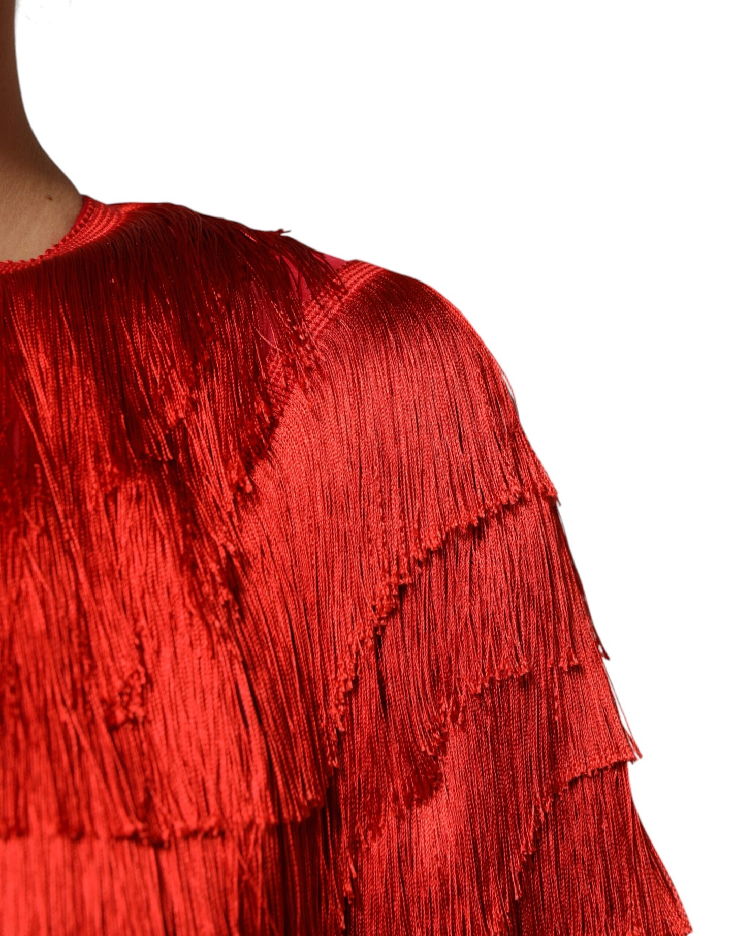 Red Silk Tiers Fringe Shift Knee Length Dress