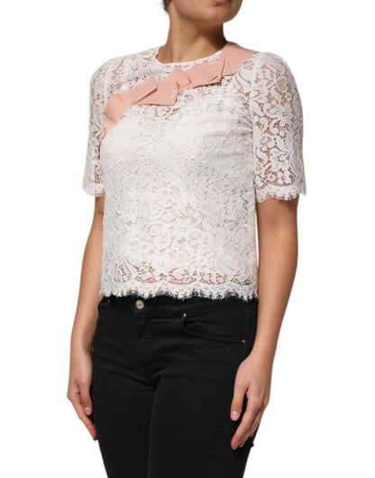 White Floral Lace Short Sleeves Blouse Top