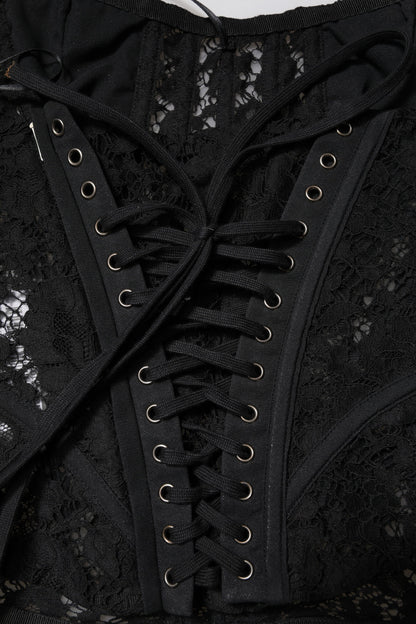 Black Strapless Floral Lace Bustier Cropped Top