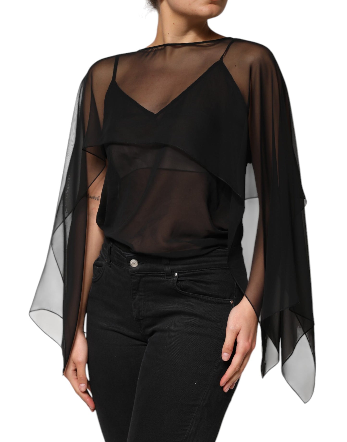 Black See Through Silk Chiffon Lace Blouse Top