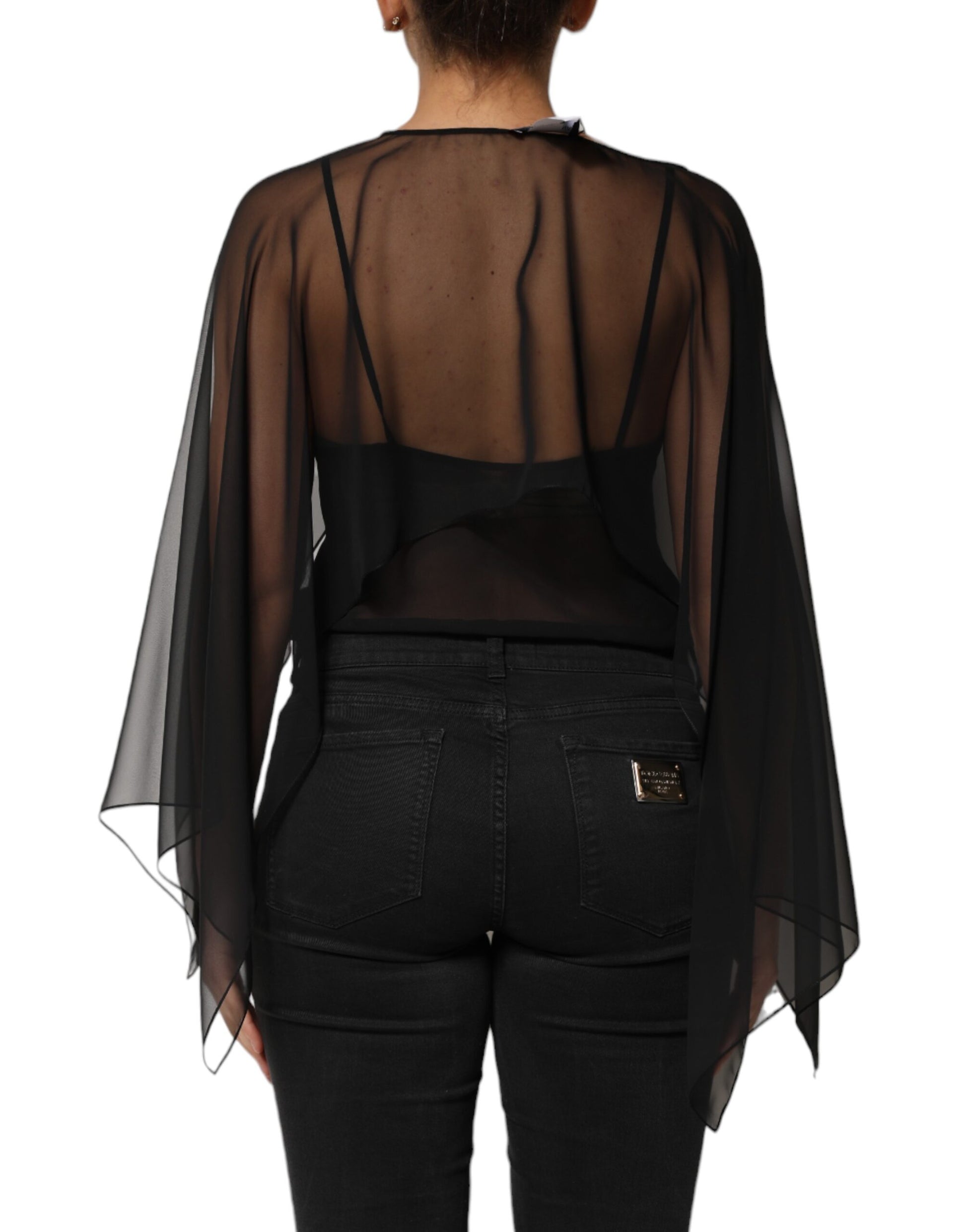Black See Through Silk Chiffon Lace Blouse Top