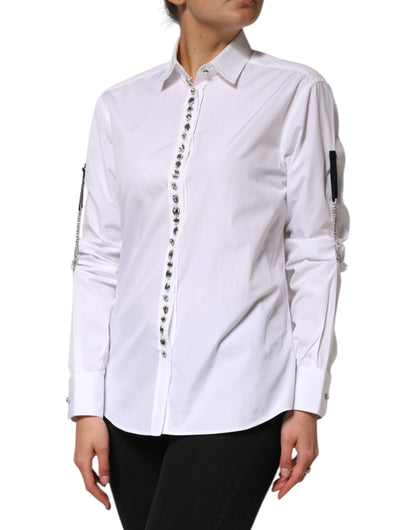 White Crystal Embellished Collared Shirt Top