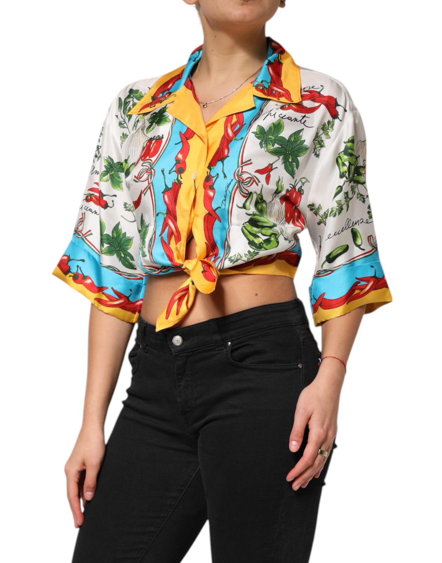 Multicolor Chili Silk Cropped Blouse Top