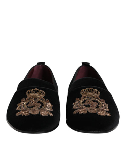 Black Velvet Gold Crown Mens Loafers Shoes
