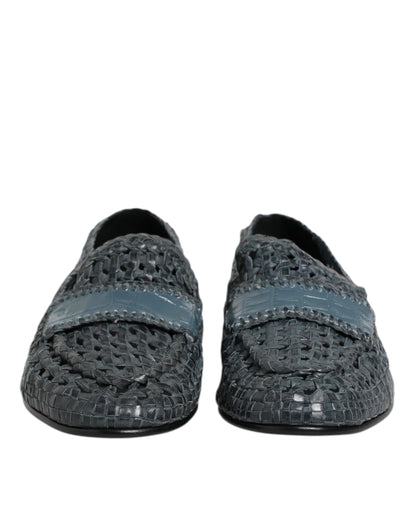 Blue Woven Raffia Slip On Loafers Shoes