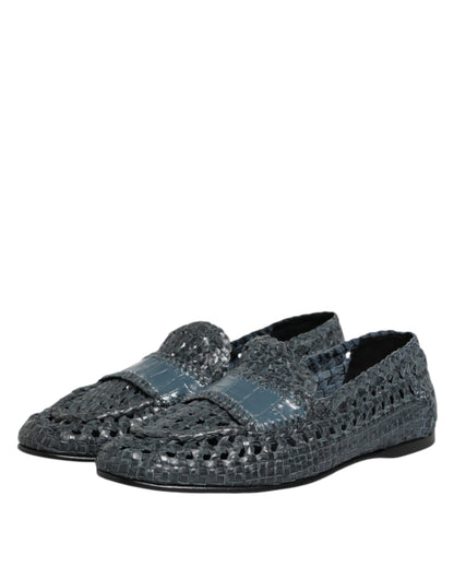 Blue Woven Raffia Slip On Loafers Shoes