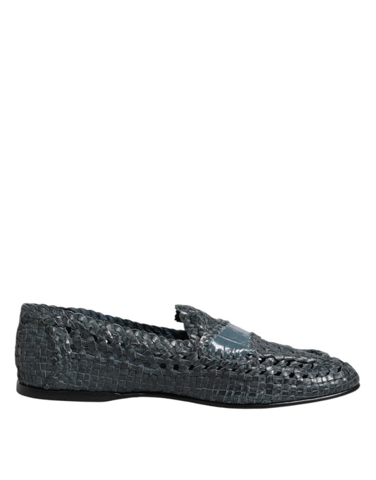Blue Woven Raffia Slip On Loafers Shoes