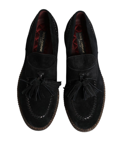 Black Suede Tassel Embellished Loafers Shoes
