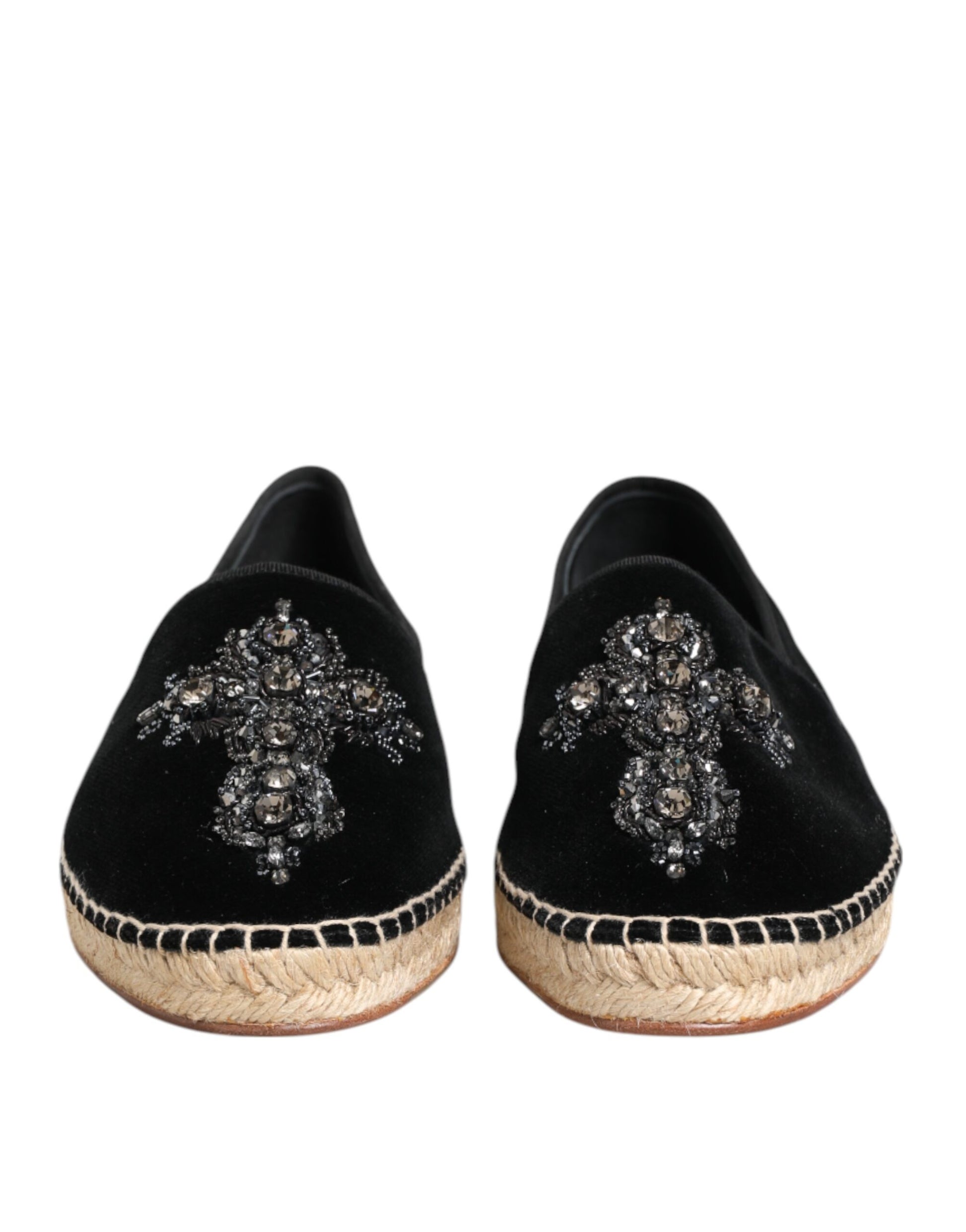 Black Cross Crystal Slip On Espadrille Shoes