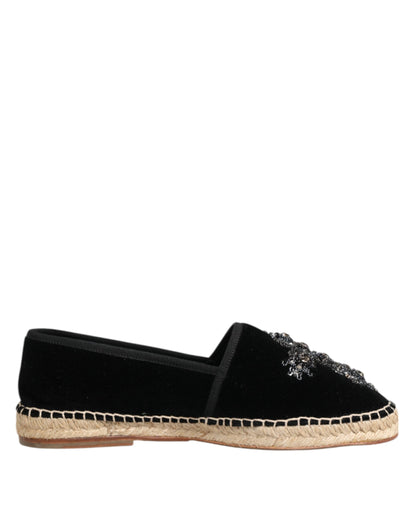 Black Cross Crystal Slip On Espadrille Shoes