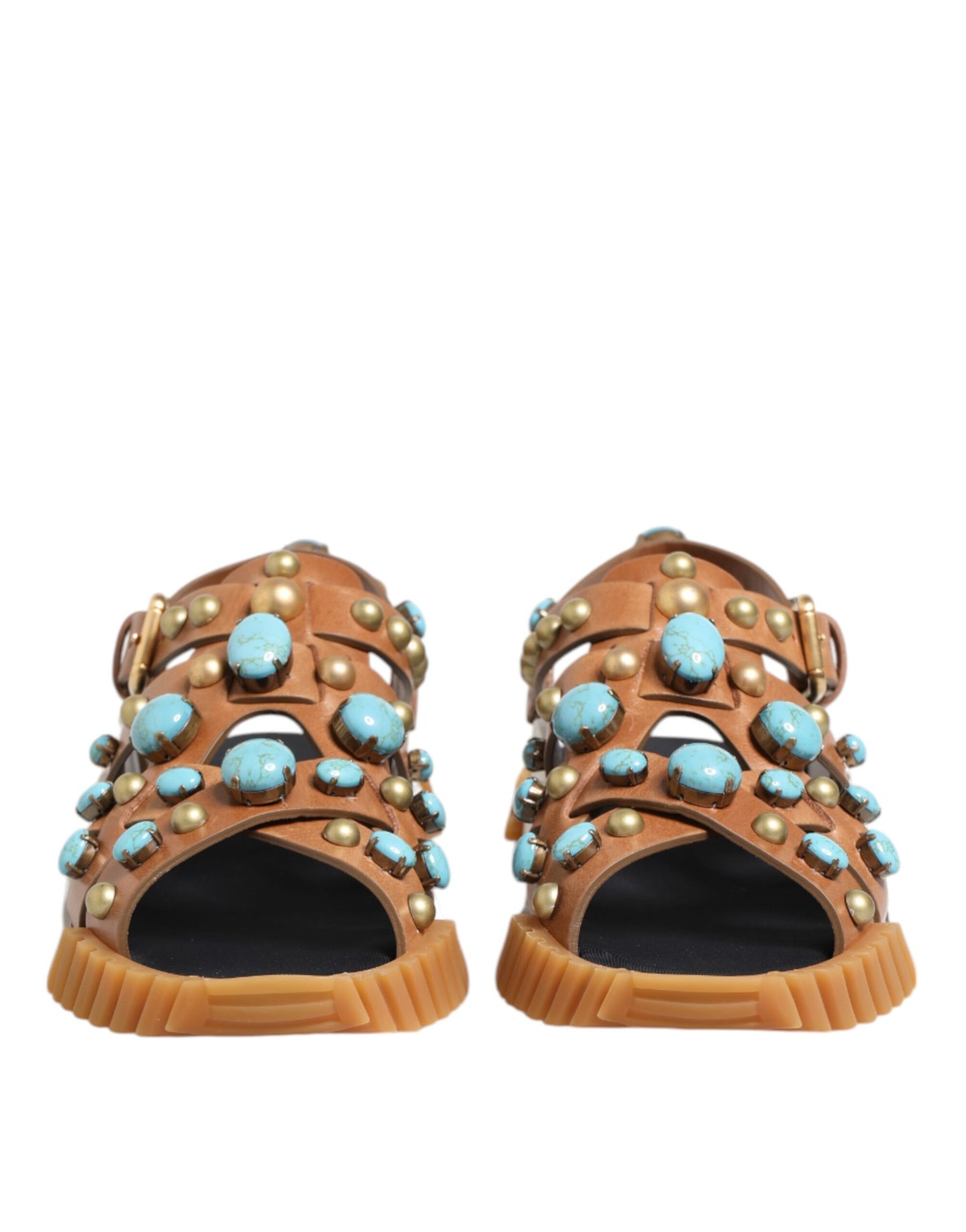 Brown Leather Studded Slides Sandals Shoes