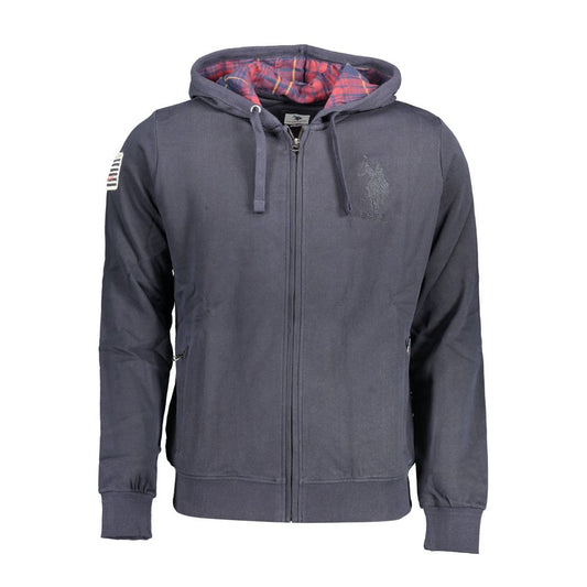 "Blue Cotton Men Sweater with Embroidered Zip and Pockets"