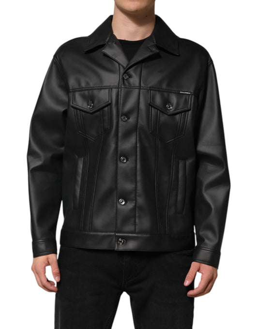 Black Polyester Button Down Biker Jacket