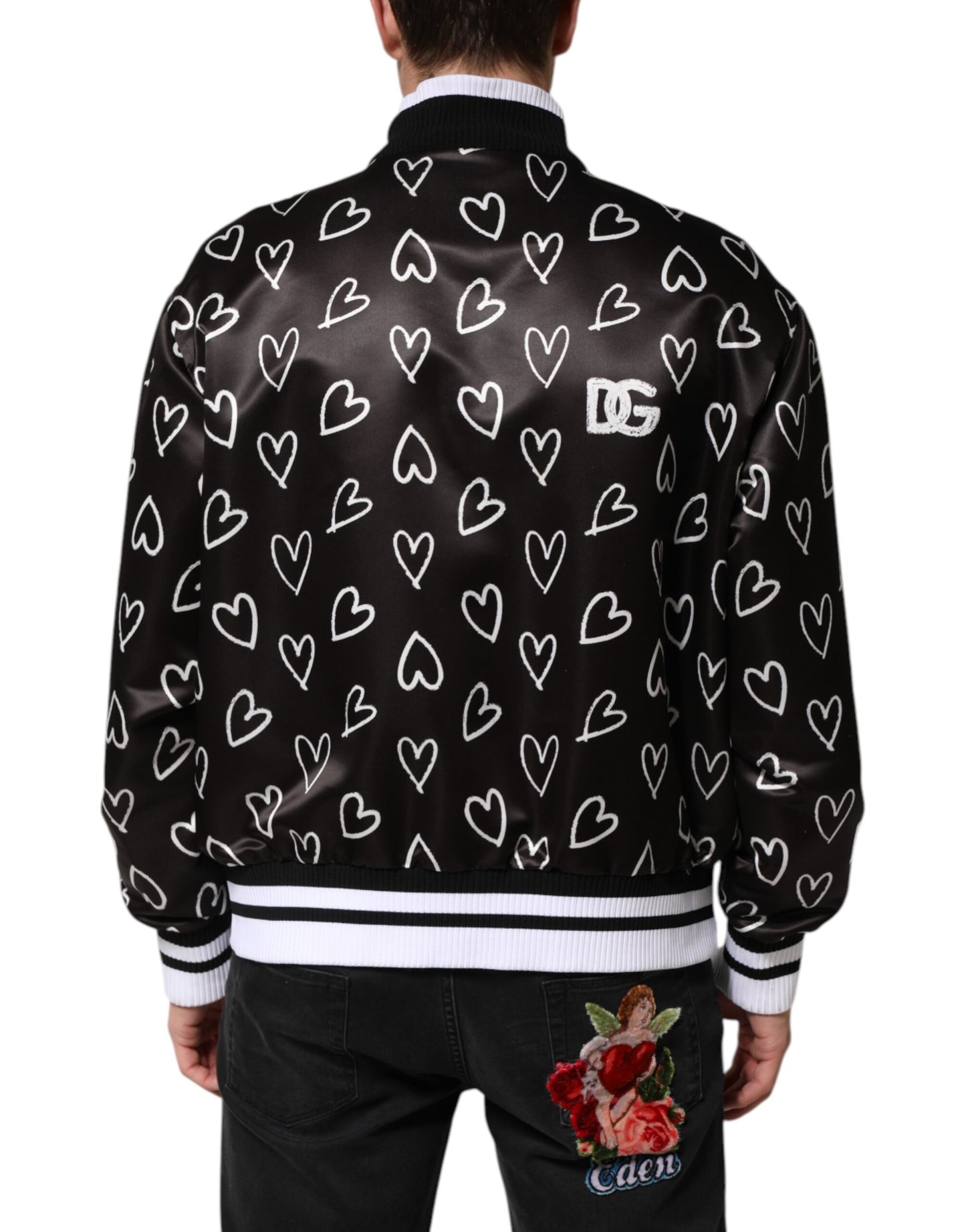 Black Polyester Heart Print Bomber Jacket