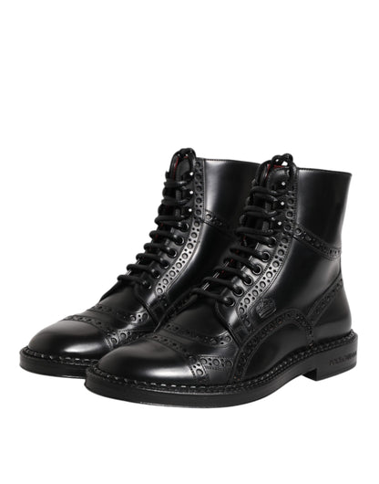 Black Leather Lace Up Mid Calf Boots Shoes