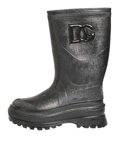 Metallic Black Pull On Rain Boots Shoes