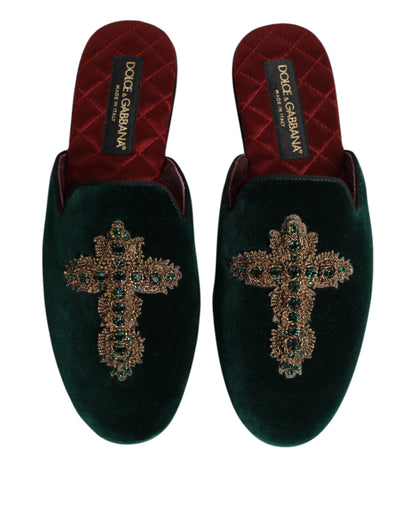 Green Velvet Cross Embellished Slippers Shoes