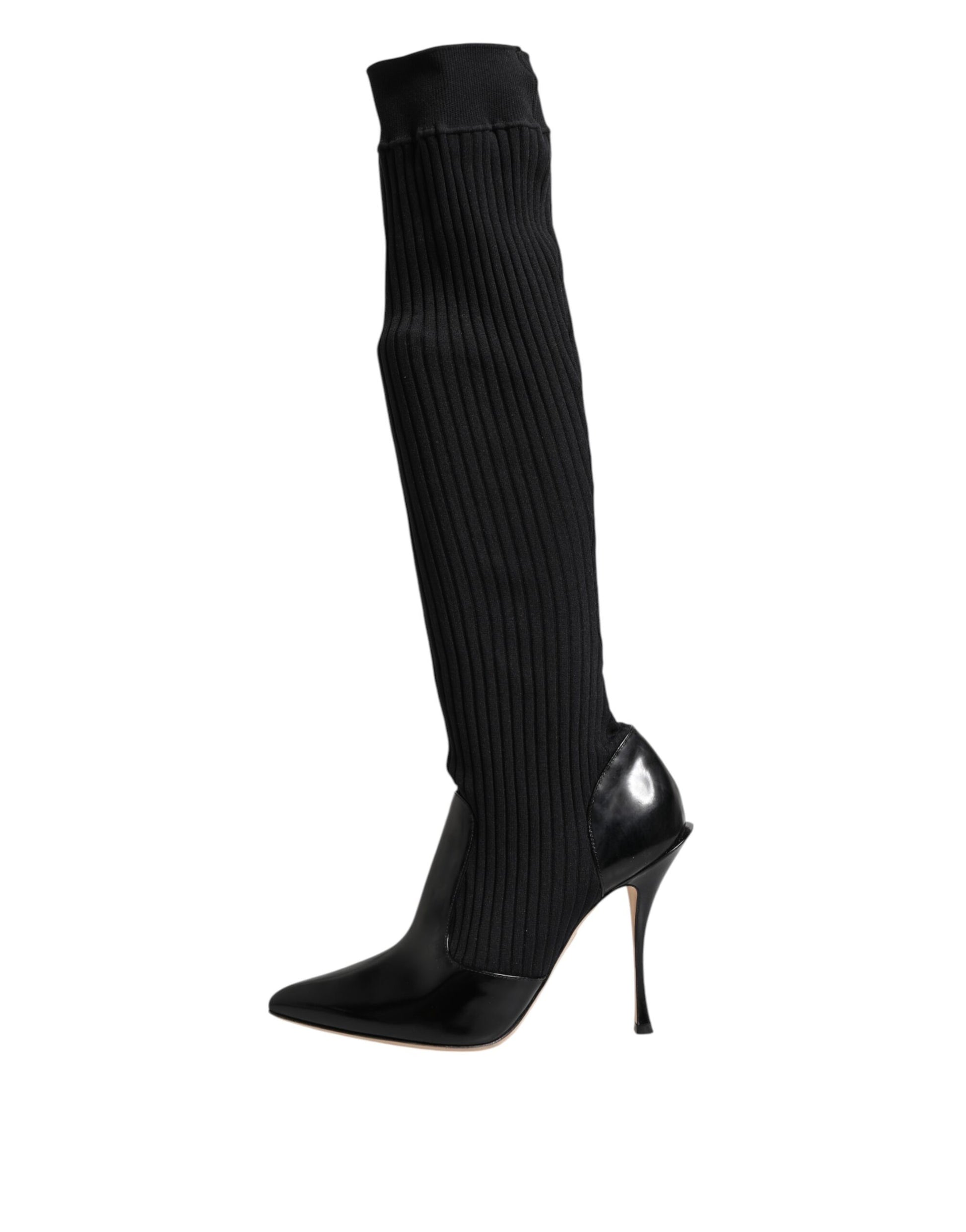 Black Leather Ribbed Knit Knee Boots Shoes