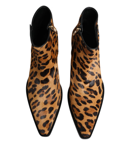 Brown Leopard Calf Fur Ankle Boots Shoes