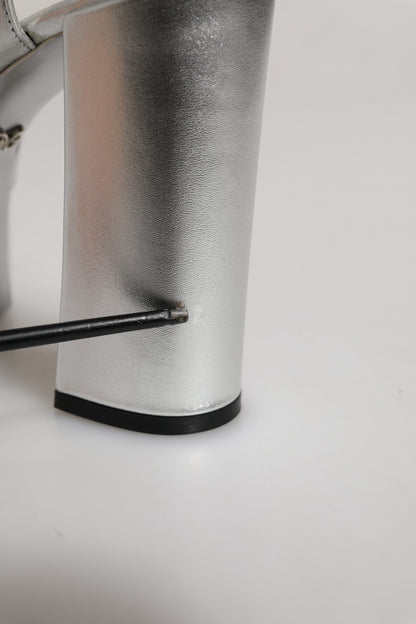 Silver Logo Ankle Strap Heels Sandals Shoes