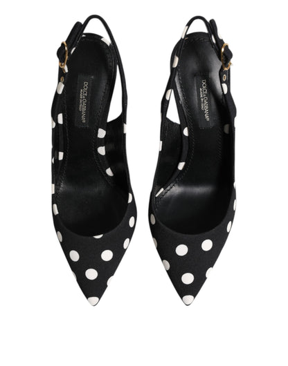 Black White Dotted Stiletto Slingback Shoes