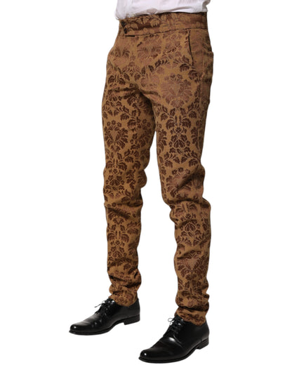 Brown Floral Jacquard Men Skinny Trouser Pants