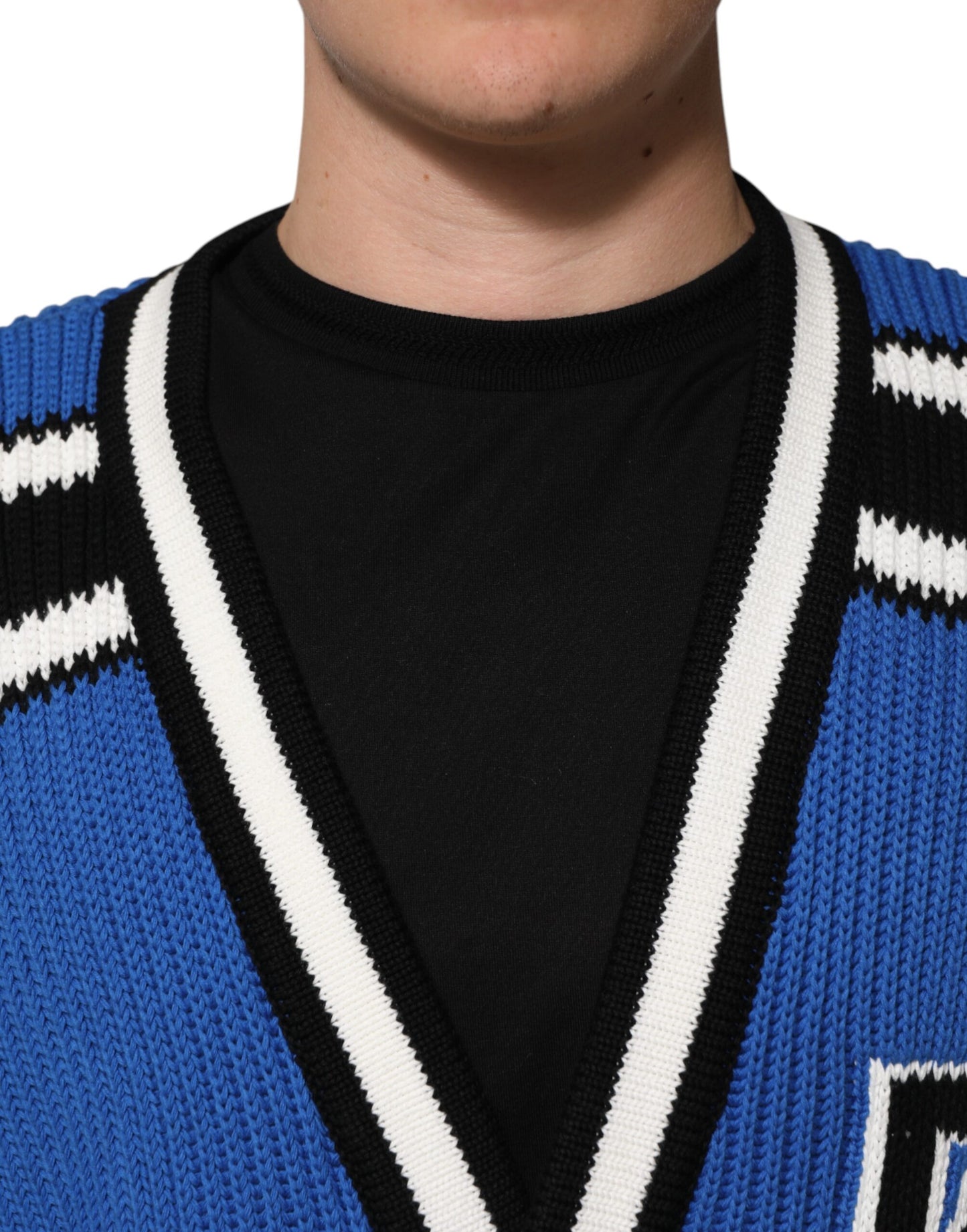 Blue Cotton Logo Patch Ribbed Knit Cardigan Sweater