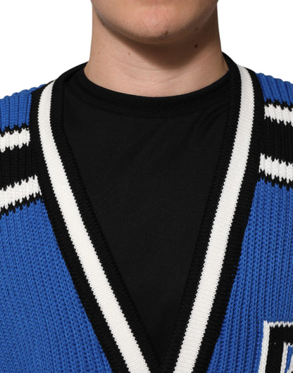 Blue Cotton Logo Patch Ribbed Knit Cardigan Sweater