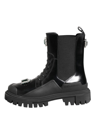 Black Crystal Embellished Combat Boots Shoes
